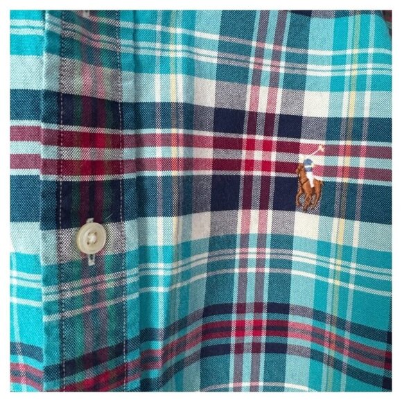 Ralph Lauren Shirt Medium‎ Mens Stretch Oxford Blue Plaid Long Sleeve slim fit - Picture 3 of 3